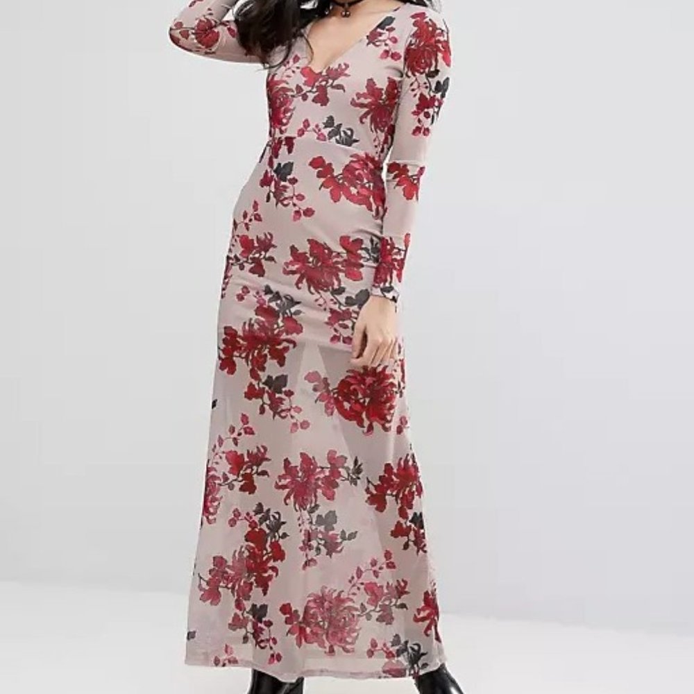 ASOS Floral Printed Maxi Semi-sheer Mesh Dress